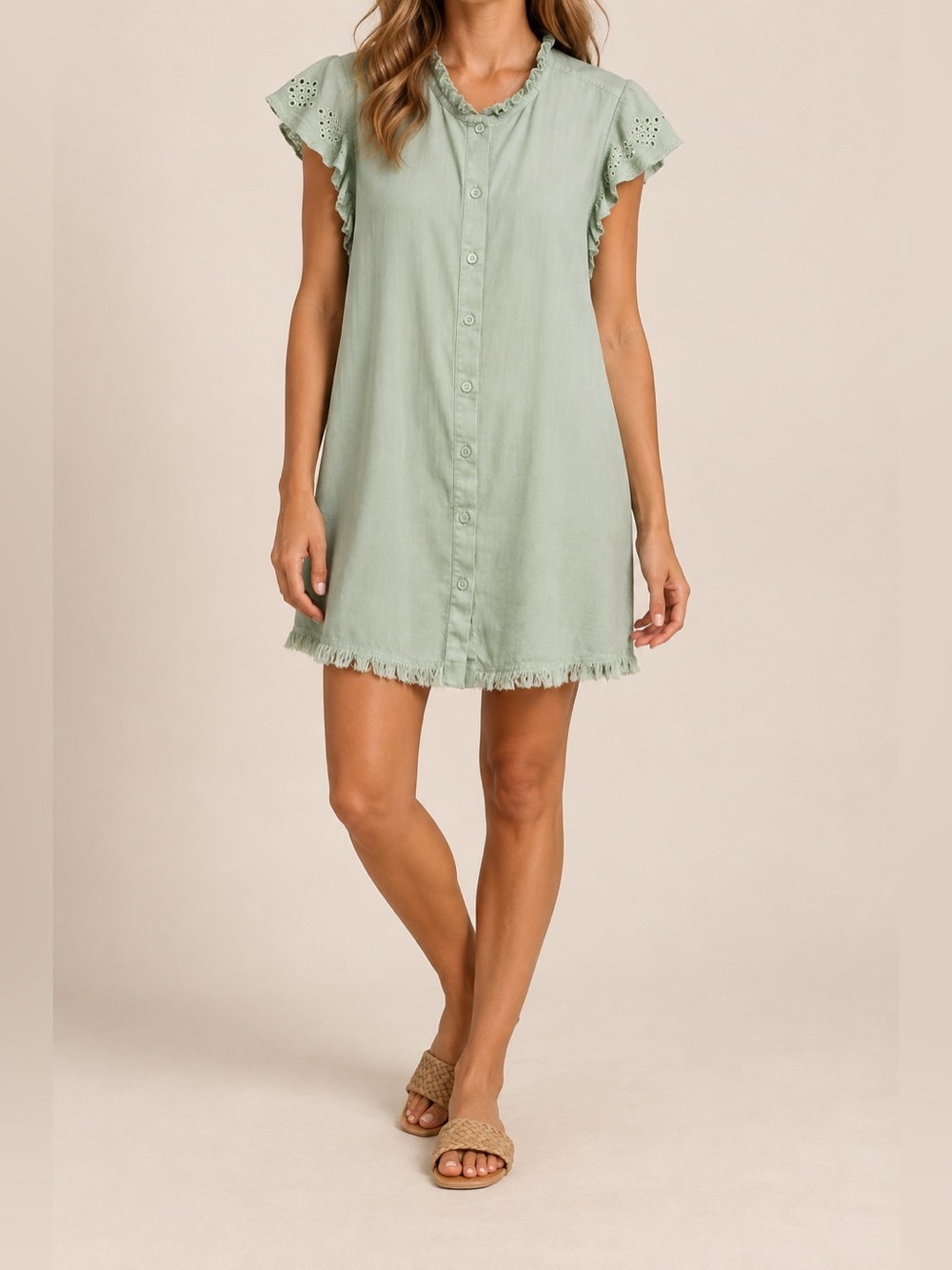 Dear John Sage Green Eyelet Ruffle Button-Front Mini Dress – Size Small